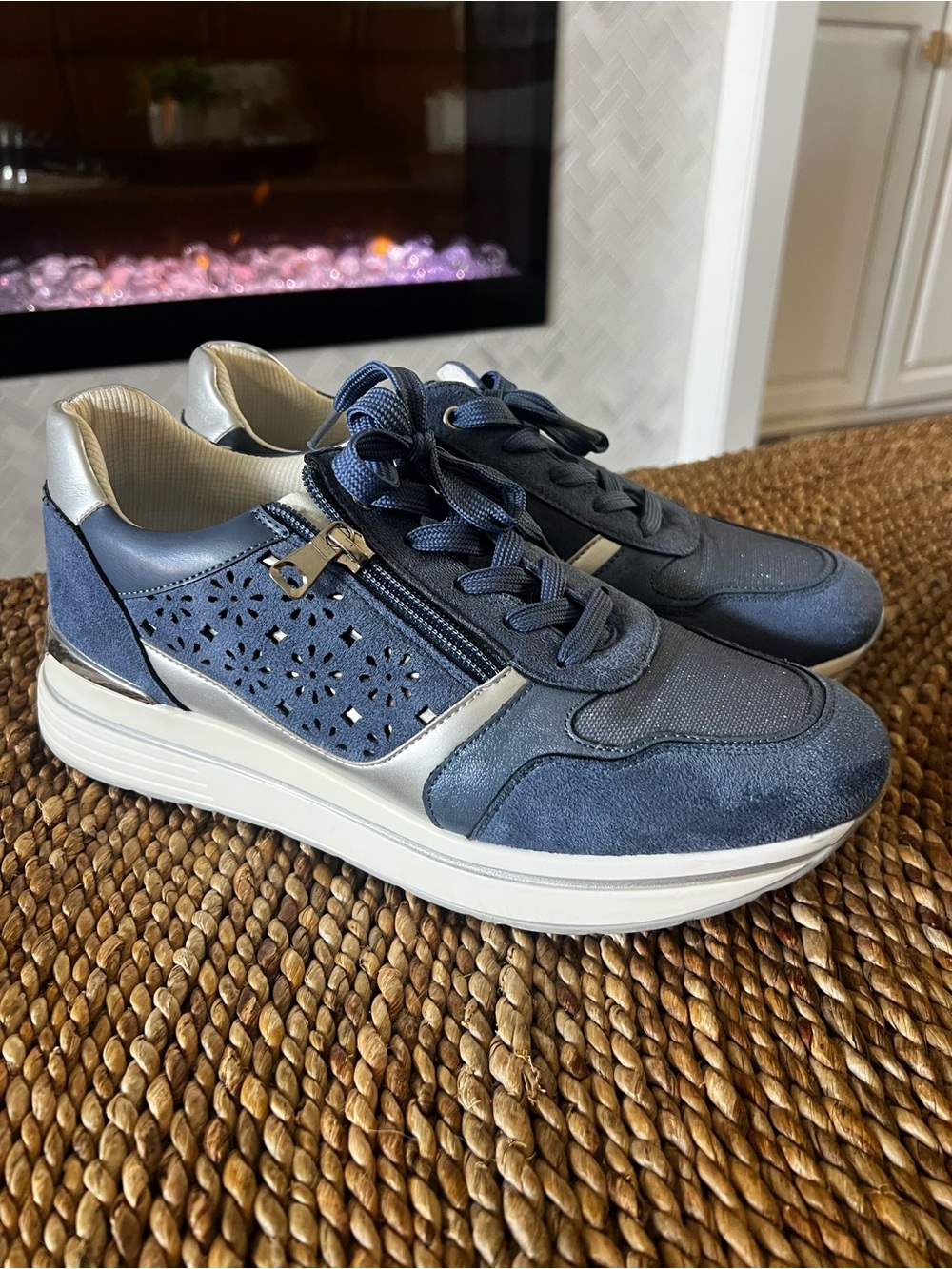 Women's Navy with Zip & Lace-Up Sneakers with Metallic Accent